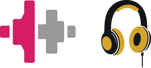 Stylish headphones and plus symbol on white transparent background