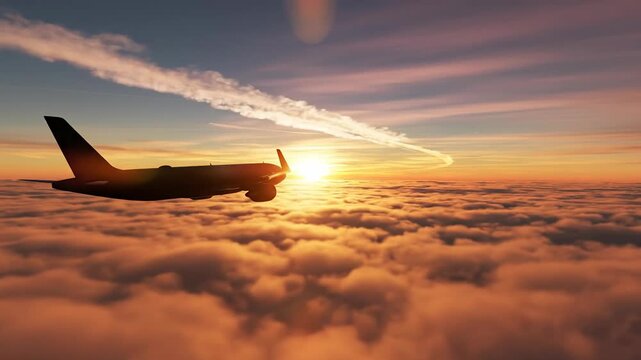 Airplane flying above clouds at sunset, contrail in the sky, cinematic view