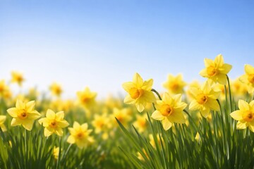 Fototapeta premium Beautiful spring landscape with blooming yellow daffodils growing in a green field under a clear blue sky. Fresh seasonal floral background symbolizing renewal, nature, springtime and natural beauty. 