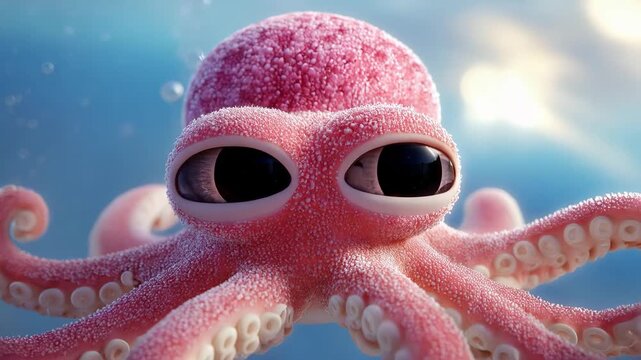 A pink octopus with big eyes and tentacles underwater with bubbles