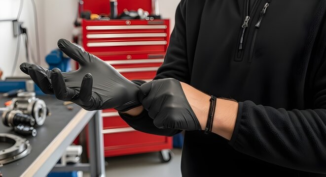 Mechanic putting on black nitrile gloves in workshop, preparing for work, automotive repair background