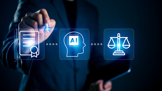 Businessman using stylus on virtual screen with AI, Document, and Scales of Justice icons. Concept of AI regulation, legal compliance, ethics, copyright protection, and governance technology.