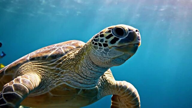 Underwater scene sea turtle swimming near colorful coral reefs
