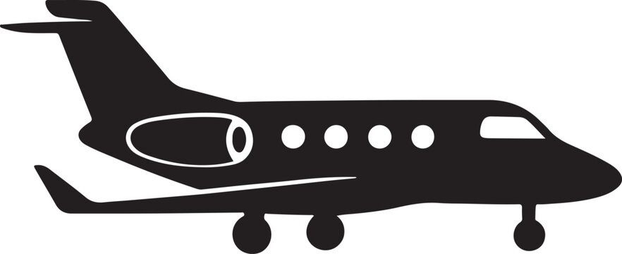 Small private jet silhouette icon showing executive business travel and luxury air transport use pro