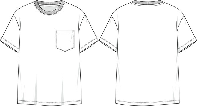 Men&rsquo;s t-shirt technical flat sketch showing front and back views with chest pocket detail, clean line fashion illustration for apparel design, garment manufacturing, and clothing production reference