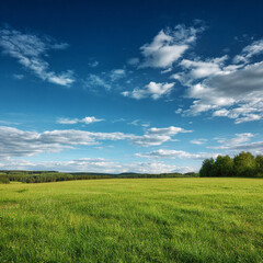 Obraz premium Vast green meadow under a bright blue sky with fluffy white clouds