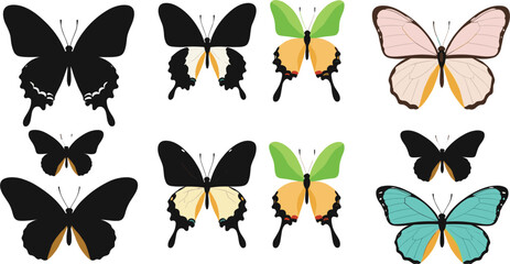 Diverse Butterfly Vector Collection Featuring Swallowtail Silhouettes and Colorful Wing Patterns for Nature Conservation, Educational Biology Projects, Spring Decor, and Wildlife Graphic Design © Yousuf
