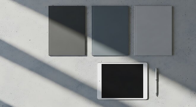 Modern office supplies and digital tablet with blank screen on gray concrete surface with natural light and shadows, showcasing aca plans documents and stationery