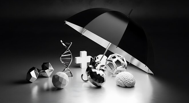 Insurance umbrella covering various objects including health and wellness symbols, representing protection and security in aca plans, with a focus on healthcare and medical coverage