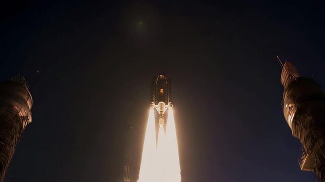 Rocket launch with flames and smoke at dusk on a launchpad