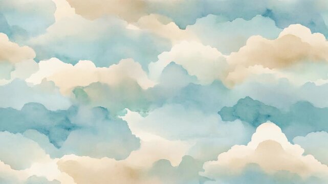 Dreamy watercolor clouds, seamless pattern with blue and tan hues, perfect for backgrounds