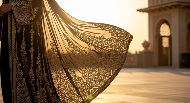 Elegant traditional garment with intricate gold embroidery flowing at golden hour