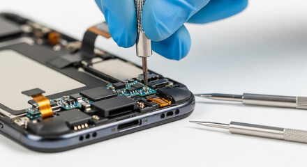 Gloved hand repairing smartphone circuit board with precision screwdriver on white