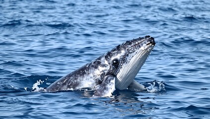 Obraz premium Humpback whale calf raises head out of the blue ocean water with waves splashing around it