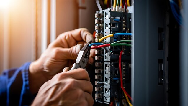 Electrician testing circuit breaker with multimeter in residential electrical panel