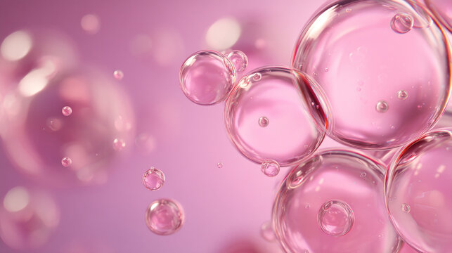 Close-up of translucent pink bubbles and liquid droplets, soft focus background