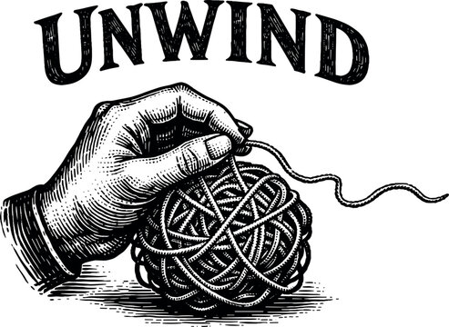 Hand unravelling a tangled ball of string with the word UNWIND
