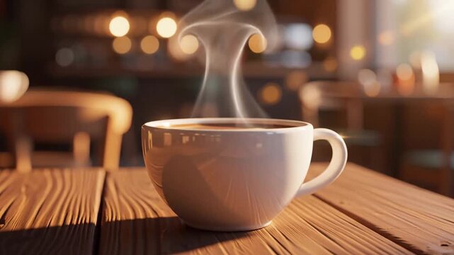 Steaming coffee cup on wooden table in warm cafe setting
