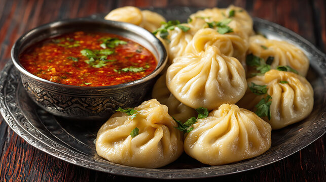 Traditional Nepali vegetarian momos served with tomato chutney. Steaming hot dumplings with sauce. Fresh steamed momos plate with hot spices. Authentic Asian cuisine dish. Tasty, homemade, delicious