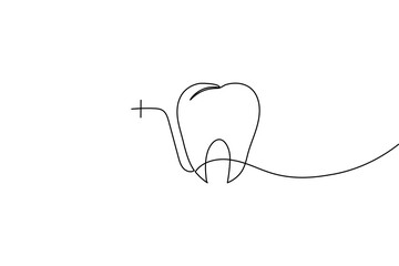 Fototapeta premium A minimalist continuous one line drawing of a healthy molar tooth featuring a medical cross symbol, perfect for dental clinic branding, healthcare icons, and modern dental office decor.