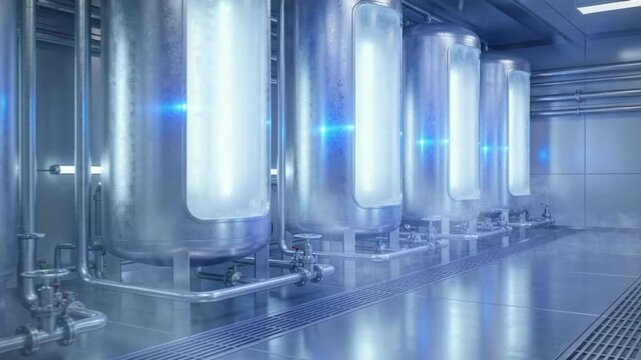 Futuristic cryogenic energy chamber with tall insulated tanks, frosted metal surfaces, blue‑white glow, drifting cold vapor, precision piping, polished steel reflections, ultra‑sharp, corporate clean.