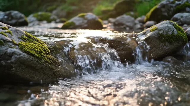 Clear flowing water over moss covered rocks in natural outdoor setting