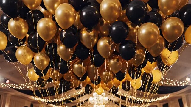 A lavish cluster of shiny black and gold balloons decorates a ceiling, with soft string lights creating a festive party atmosphere.