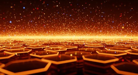 Fototapeta premium Golden hexagons glow brightly in futuristic digital landscape with sparkling particles