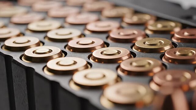 Detailed close-up of shiny brass and copper shotgun shell primers neatly arranged in rows within a black ammunition tray, showcasing metallic textures.