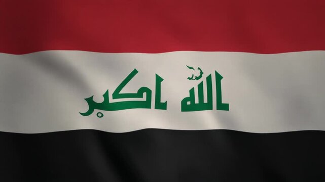 Iraq national flag with red, white, and black horizontal bands and green Kufic script "Allahu Akbar" in the center, symbolizing unity and sovereignty.
