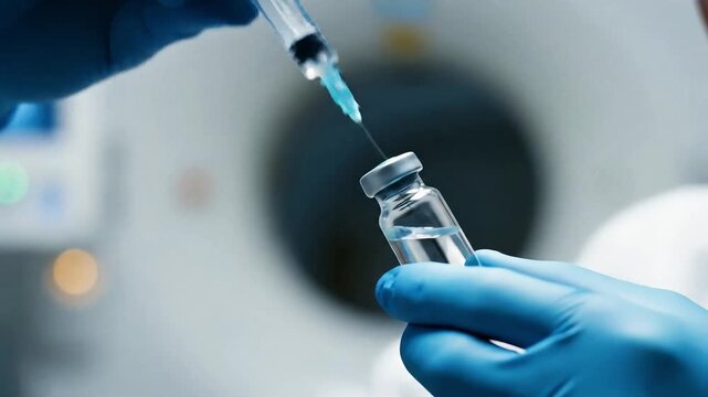 Syringe Drawing Liquid from Vial in Medical Setting