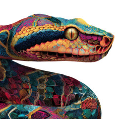 Colorful snake illustration in vibrant mosaic style with bright multicolored scales and warm golden lighting for exotic branding