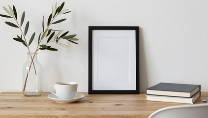 Black frame with olive branches and coffee cup on wooden table