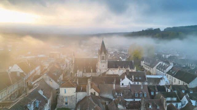 Aerial view of Beaune old town in France under misty morning sky, Aerial of the old town of Beaune in France on a cloudy morning in early spring