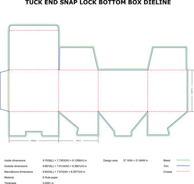 A technical diagram of a tuck end snap lock bottom box dieline