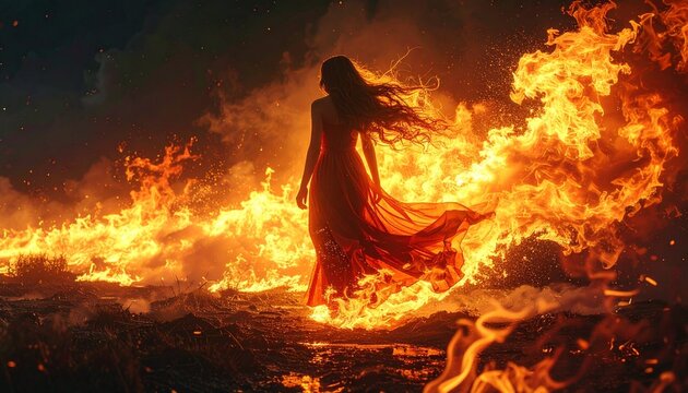 Woman with long red hair in flowing black dress surrounded by swirling flames against dark background, evoking power and mysticism.