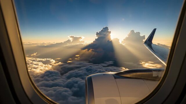 Airplane window view of sunbeams through clouds during sunset flight