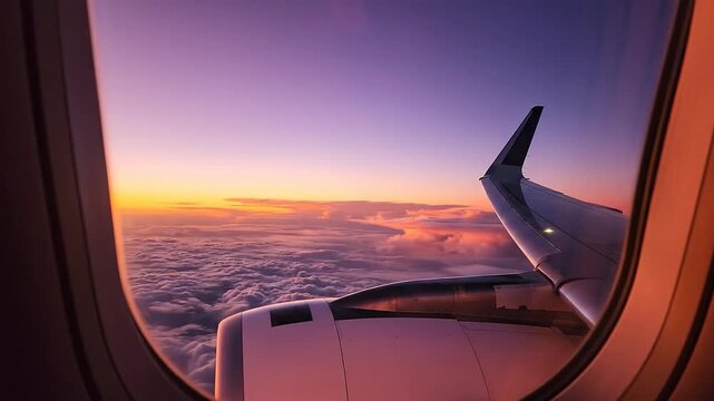 Airplane window view of sunset clouds and wing over the ocean