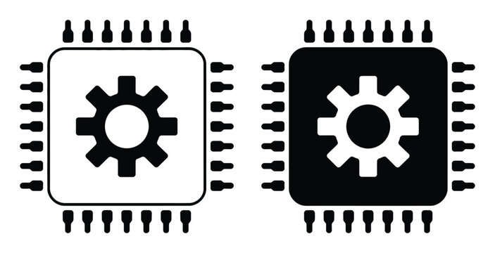 Two Icons of Computer Chips with Gears: One White, One Black