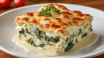 Creamy Layered Lasagna with Spinach and Cheese Topped with Fresh Parsley Served on a White Plate