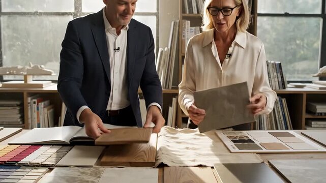 Two professionals examining and discussing material samples such as wood textures and stone tiles in an indoor studio setting, likely for interior design.