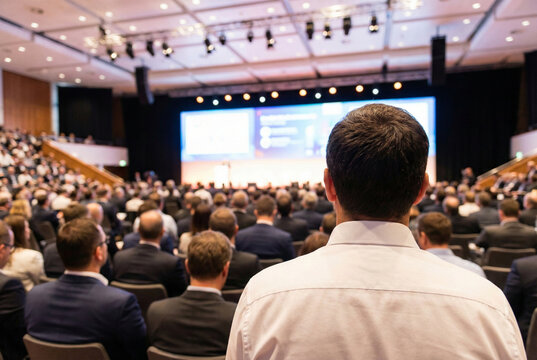 Rear view of a businessman attending a large corporate conference or seminar in a packed auditorium. Professional audience watching a presentation on a large screen during a business event.