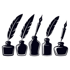 Collection of Vintage Writing Instruments, Quill Pens, and Inkwells