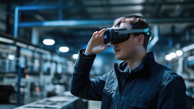 Man using virtual reality glasses in a modern factory to enhance industrial processes and training, Man with vr glasses in a modern factory