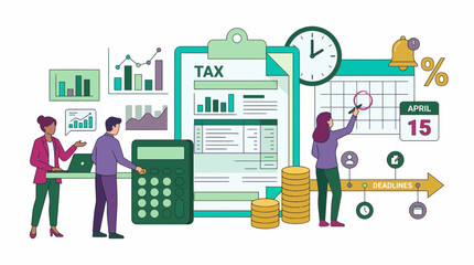 Naklejka premium Financial accountants analyze tax documents, charts and deadlines surrounding the critical April 15 date, concept for financial reporting, regulatory compliance and deadline management