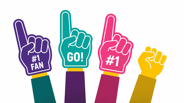 Colorful graphic illustration showing four arms raising foam fingers with slogans like 'GO!' and '#1 FAN' against white, concept for fan support, sport event cheering and team enthusiasm advertising