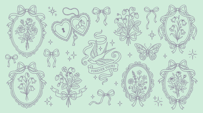 Delicate line art pattern of vintage frames, floral bouquets, swallow motif and heart locket on a soft pastel background, concept for packaging design, wedding stationery and fashion textile print