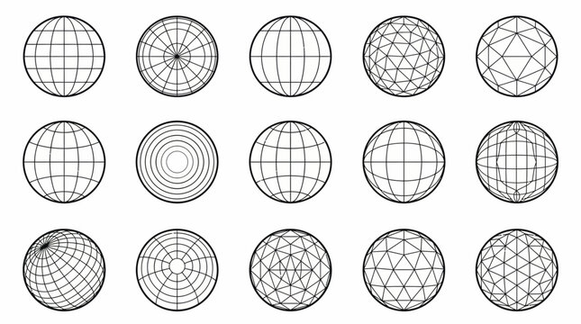 Fifteen outline vector globe icons featuring geodesic, radial and coordinate grid patterns, concept for global communication, scientific visualization and network design