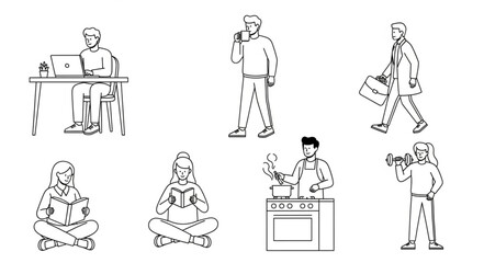 Collection of Line Art Illustrations Depicting People Engaged in Various Activities.