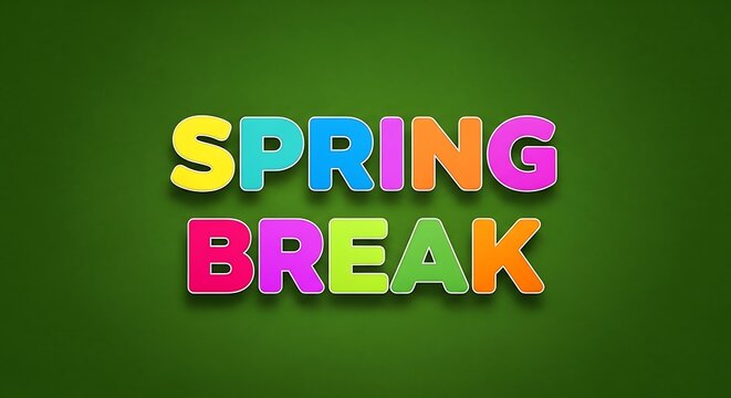 Colorful Spring Break Text on Green Background.